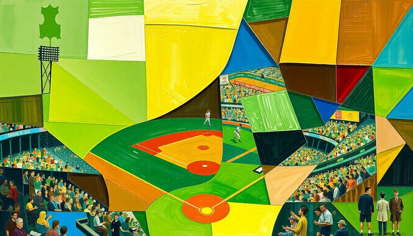A fragmented, geometric painting depicting the dynamic action of a college baseball game, with sharp planes of color representing the players, field, and crowd.