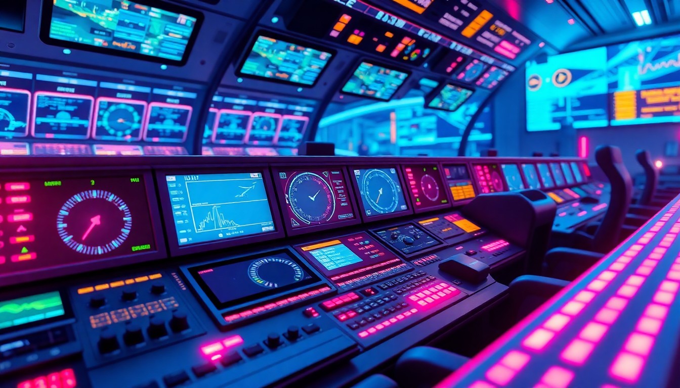 A highly detailed, glowing 3D illustration of a futuristic air traffic control console, with pulsing neon lights illuminating the various knobs, screens, and switches. The console represents the advanced technological infrastructure that enables safe air travel, even as occasional moments of levity challenge the strict protocols.