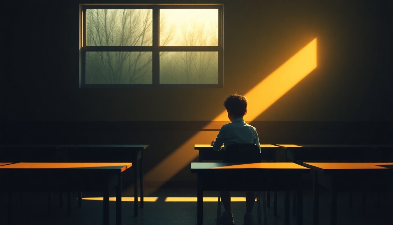 A close-up view of an empty school desk bathed in warm, golden light, conceptually representing the potential impact of a cellphone ban on the classroom environment.