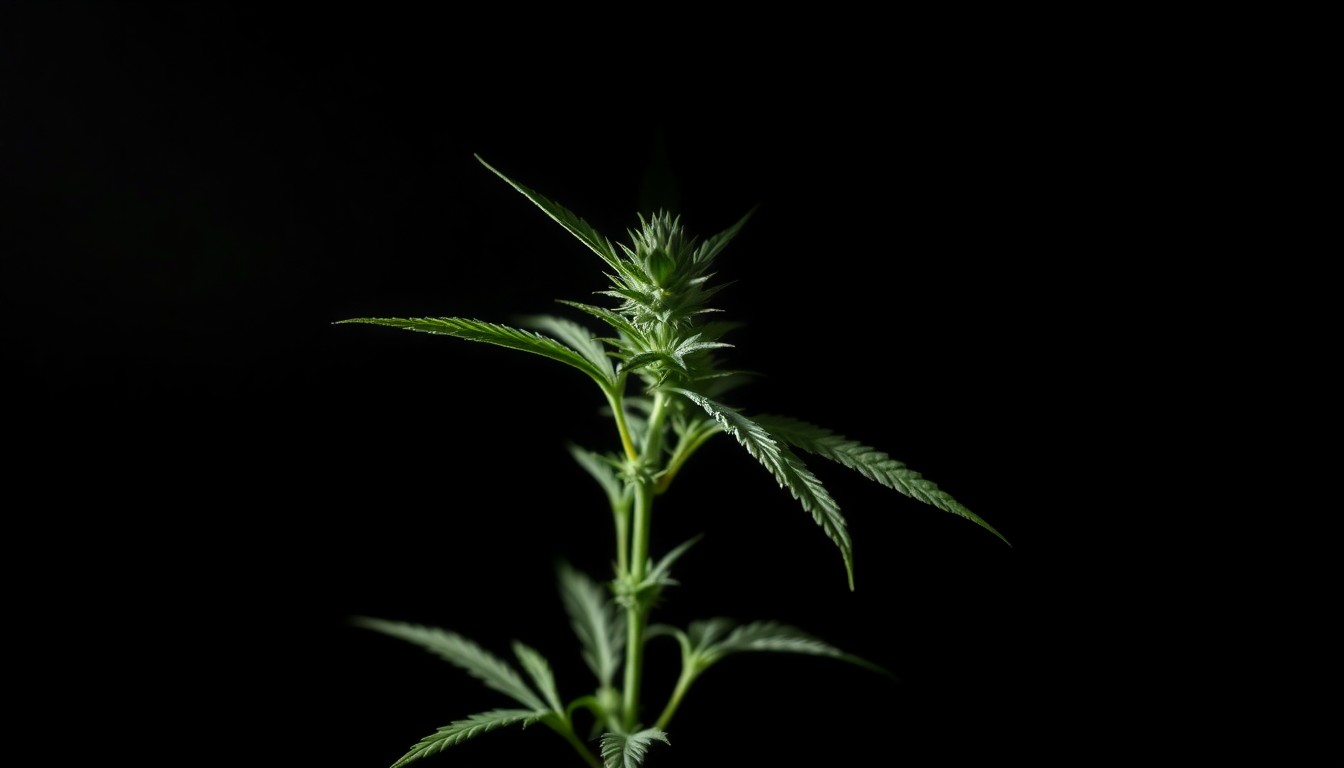 An extreme close-up photograph of a single marijuana plant stem and leaves lit by a harsh, direct camera flash against a pitch-black background, conceptually illustrating the investigation and enforcement actions targeting unlicensed grow operations.