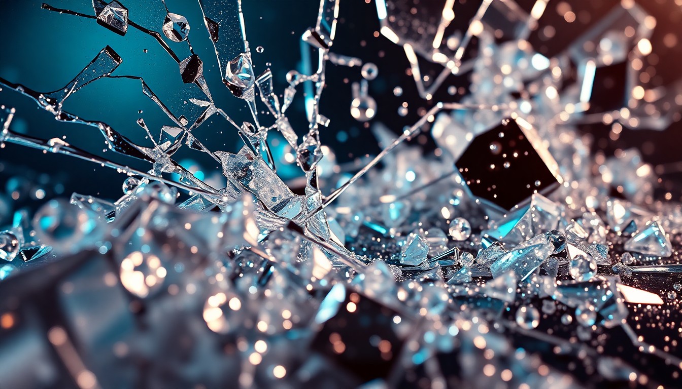 An abstract close-up image featuring shattered glass and glittering sequins, captured in dramatic high-contrast studio lighting to convey the tension and excitement of a police procedural TV show.