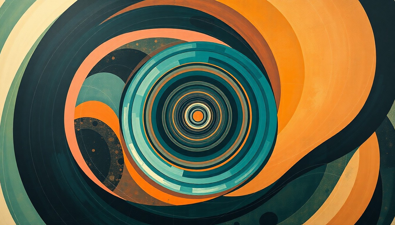 A bold, abstract painting in soft blues, greens, and oranges featuring sweeping geometric shapes, concentric circles, and precise organic spirals, conceptually representing the complexity and structure of multi-omics data analysis for oncology research.