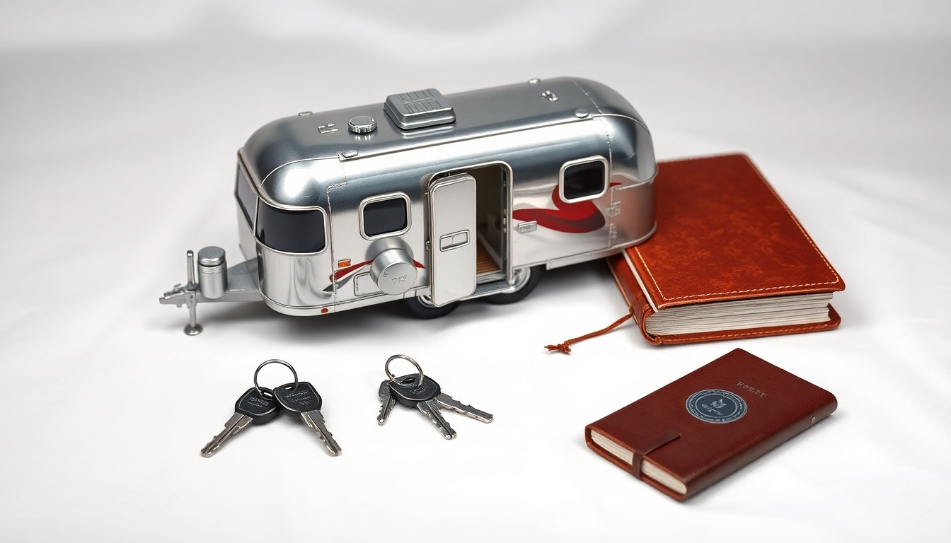 A high-end studio still life photograph featuring a miniature Airstream trailer model, a set of RV keys, and a leather-bound travel journal arranged elegantly on a clean white background, conceptually representing the premium quality and adventurous spirit of the RV lifestyle.