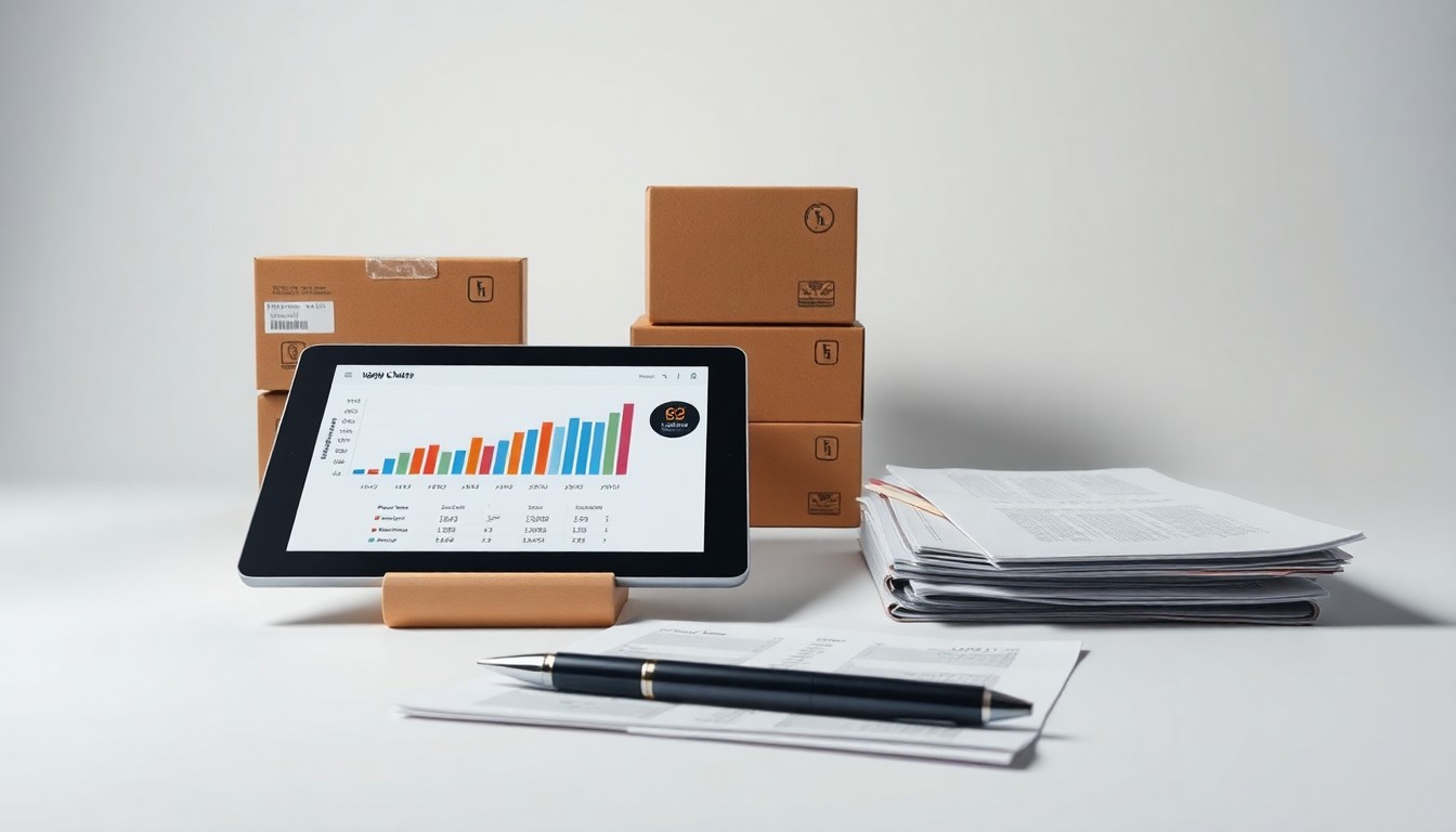 A high-end, photorealistic studio still-life photograph featuring a stack of neatly organized shipping boxes, a tablet displaying supply chain analytics, and a pen resting on top of financial documents, all arranged elegantly on a clean, white seamless background, conceptually representing the abstract concepts of corporate strategy, supply chain optimization, and financial performance.