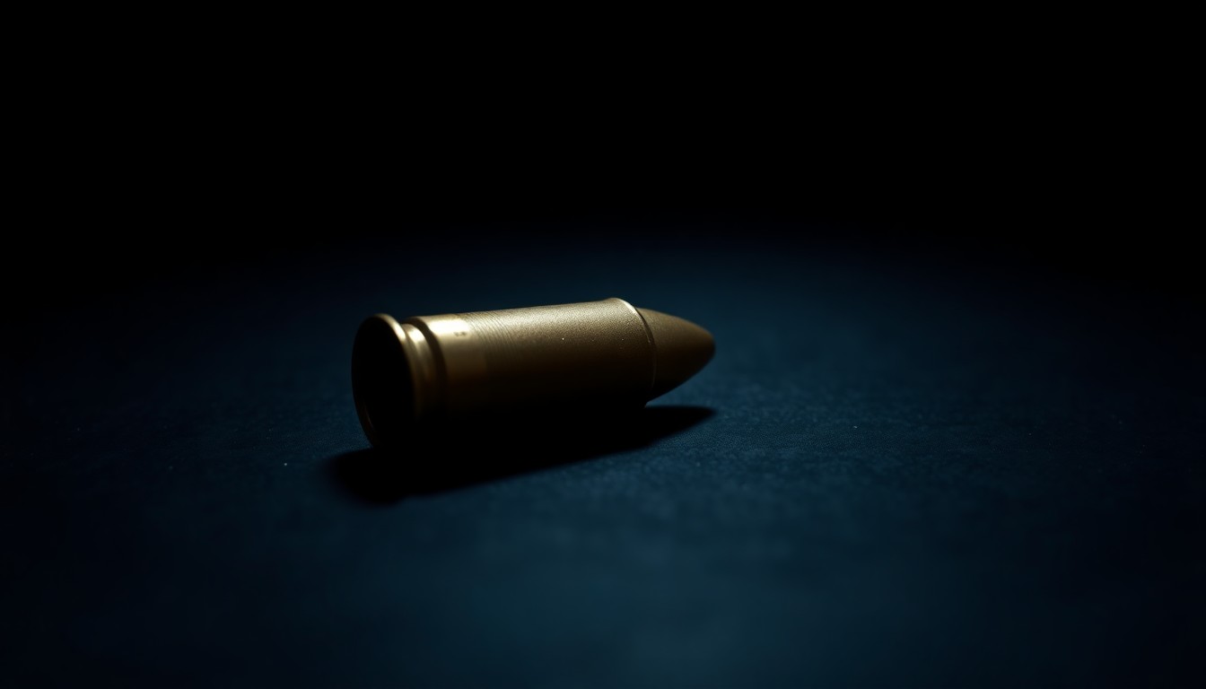 An extreme close-up photograph of a single spent shell casing on a dark surface, lit by a harsh, direct camera flash, conceptually representing the aftermath of a violent crime.