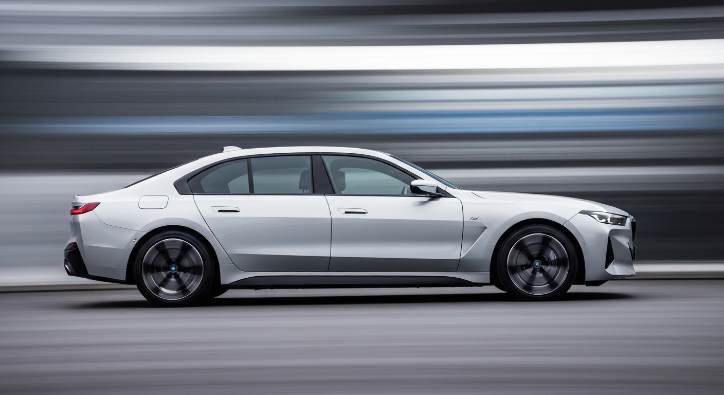 An abstract, motion-blurred image of a silver BMW i7 M70 electric sedan, its sleek form reduced to vibrant streaks of blue, grey, and white, conveying a sense of high-speed electric performance.