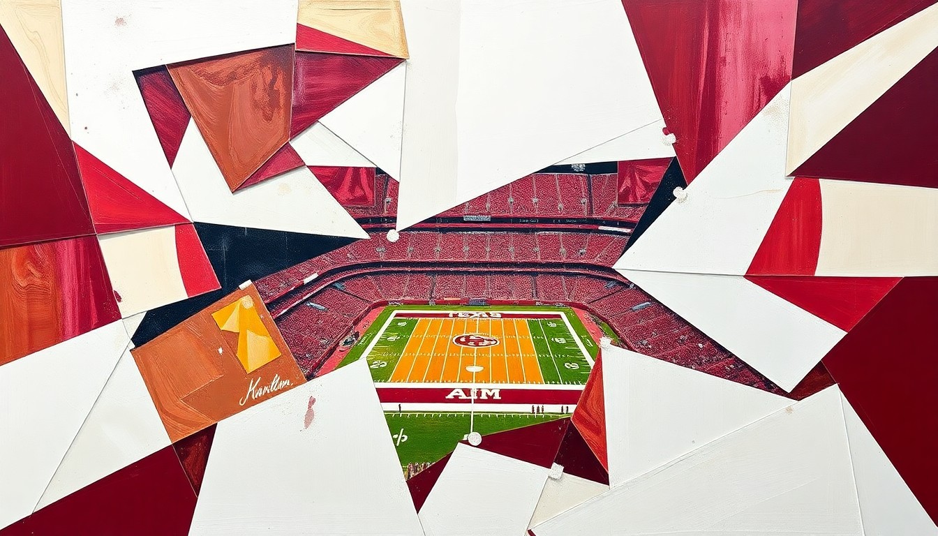 A fragmented, cubist-style painting depicting a Texas A&M football game, with the players and field broken down into sharp, overlapping geometric shapes in the team's maroon, white, and gold colors.