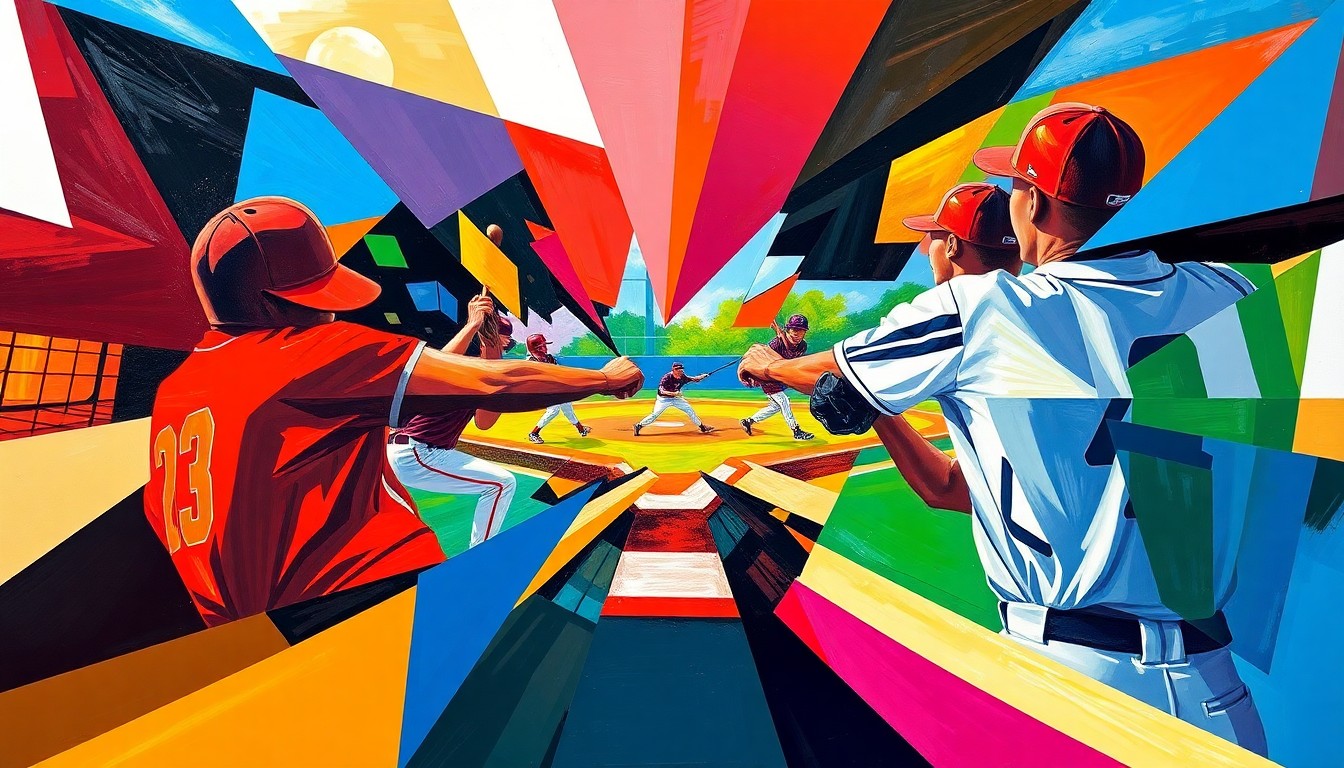 An abstract, cubist-style painting depicting a softball game in motion, with sharp geometric shapes and planes of color representing the players, field, and action.