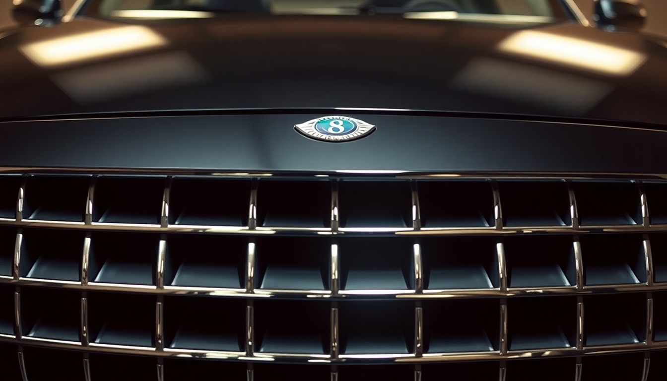 An extreme macro photograph of a shiny, metallic car grill reflecting the surrounding environment in high-contrast, dramatic studio lighting, conveying the conceptual idea of the glamour and danger of celebrity driving.