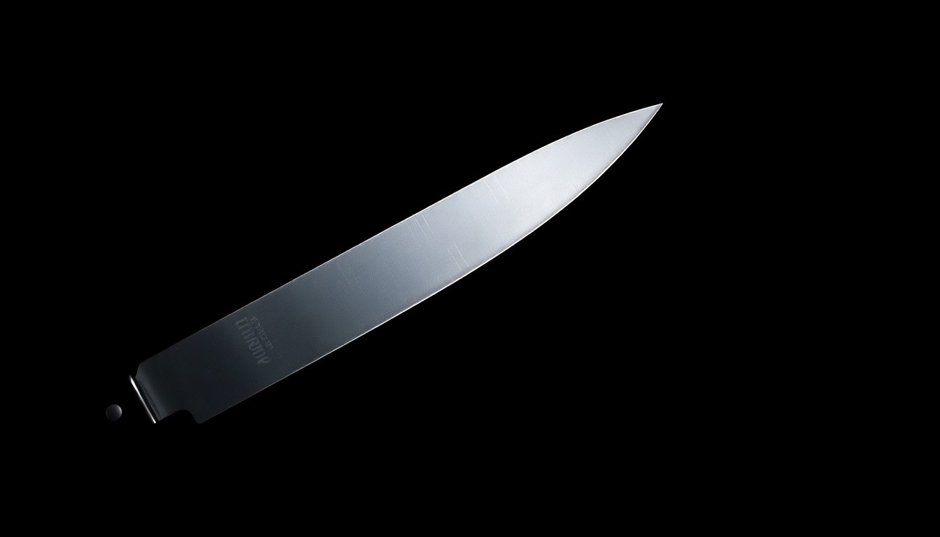 An extreme close-up photograph of a knife blade against a pitch-black background, lit by a harsh, direct camera flash, conceptually representing the violent nature of the reported stabbing incident.