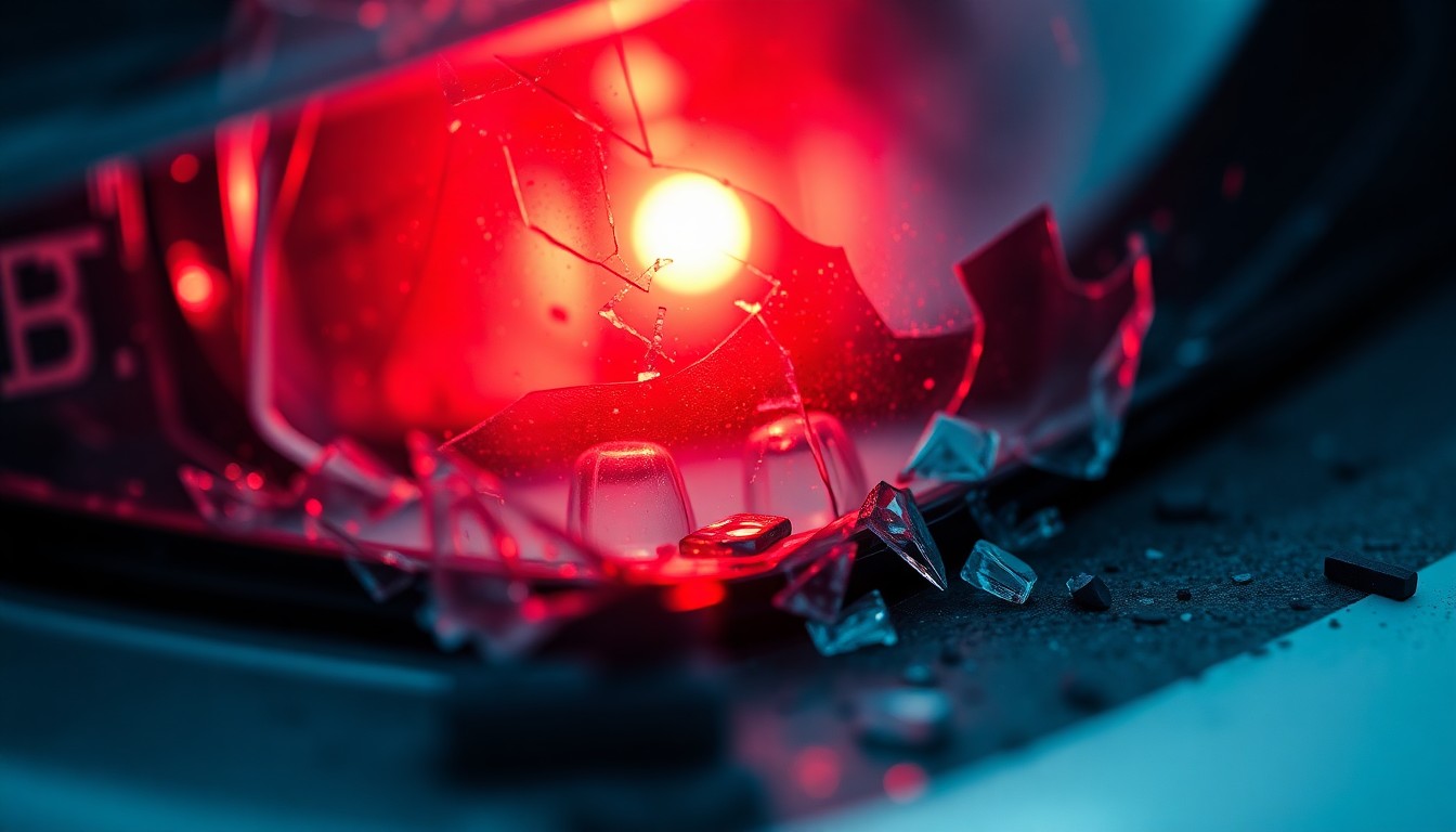 An extreme close-up photograph of a shattered car sensor lens reflecting a faint red light, conceptually illustrating the aftermath of a vehicular accident.