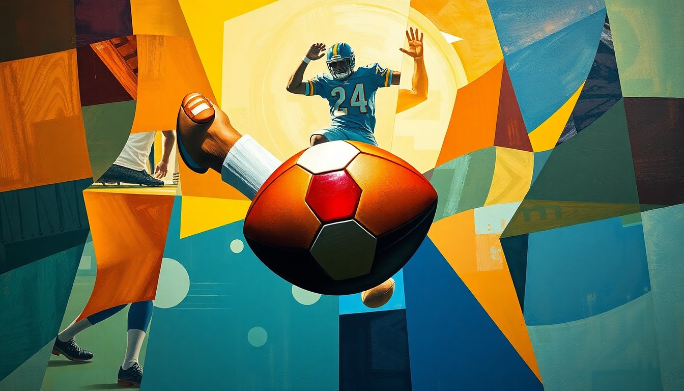 A cubist, geometric painting depicting a football kicker's motion broken down into overlapping planes of color and shape, with the football as the central focal point.
