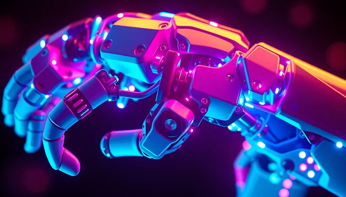 A highly detailed, glowing 3D macro illustration of a robotic arm with intricate mechanical components and pulsing neon blue and magenta lights, conceptually representing the advanced capabilities of an AI-powered robot system.