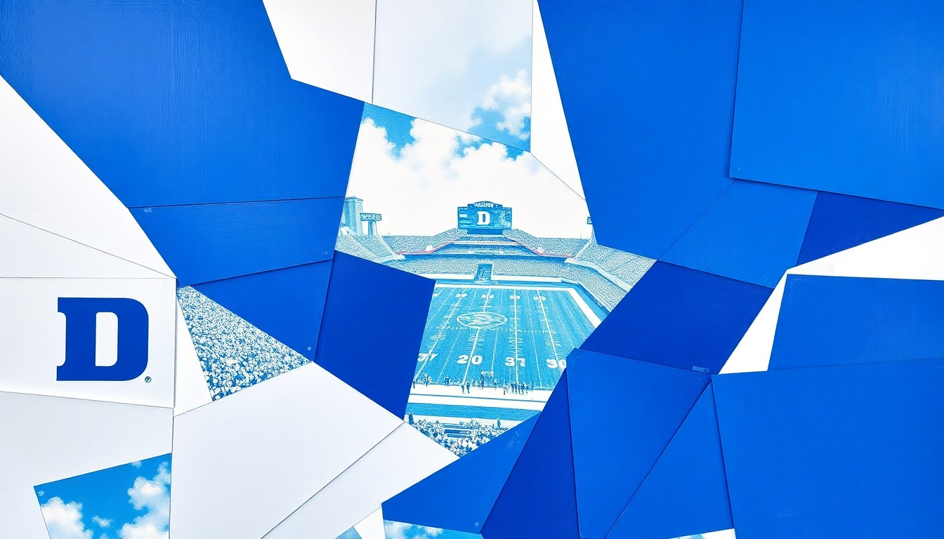 A cubist, geometric painting in shades of blue and white, depicting fragmented, overlapping shapes that suggest the motion and energy of a college football game.