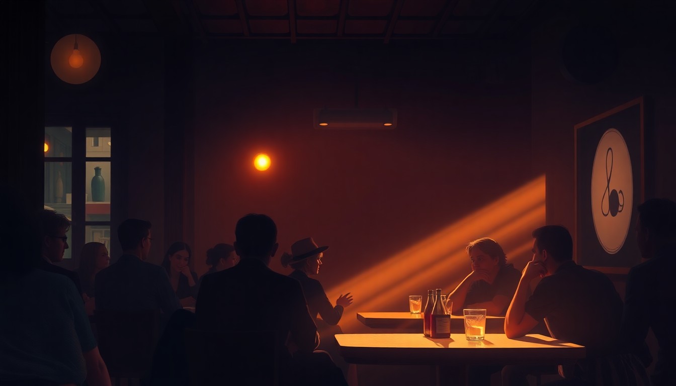 A warm, nostalgic painting depicting a group of people seated at tables in a cozy cafe, with soft lighting and deep shadows creating a contemplative mood, conceptually representing a community forum for local political candidates.