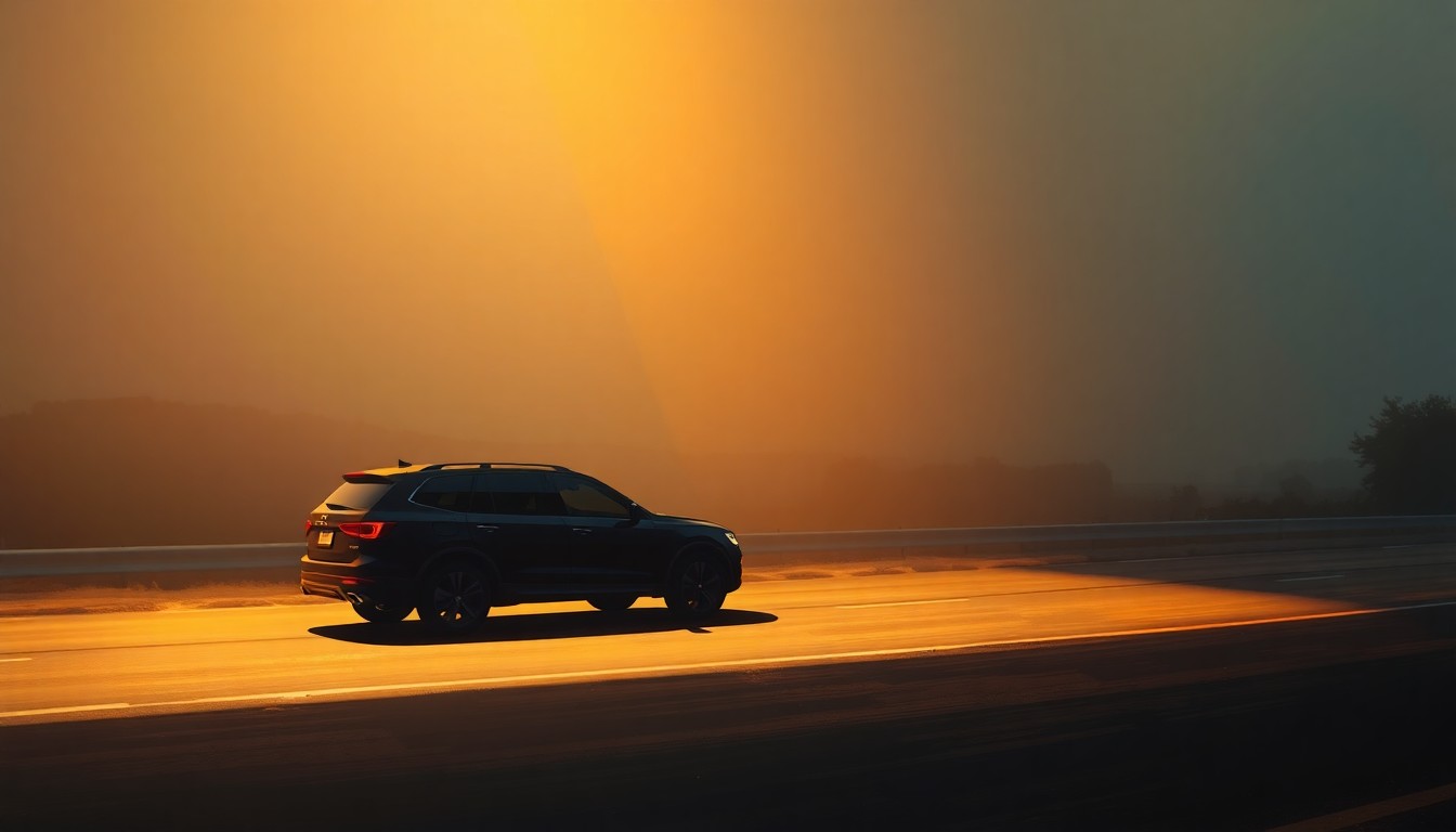 A realistic, cinematic painting depicting an unmarked black SUV parked on the side of a highway, with warm sunlight and deep shadows creating a moody, contemplative atmosphere.