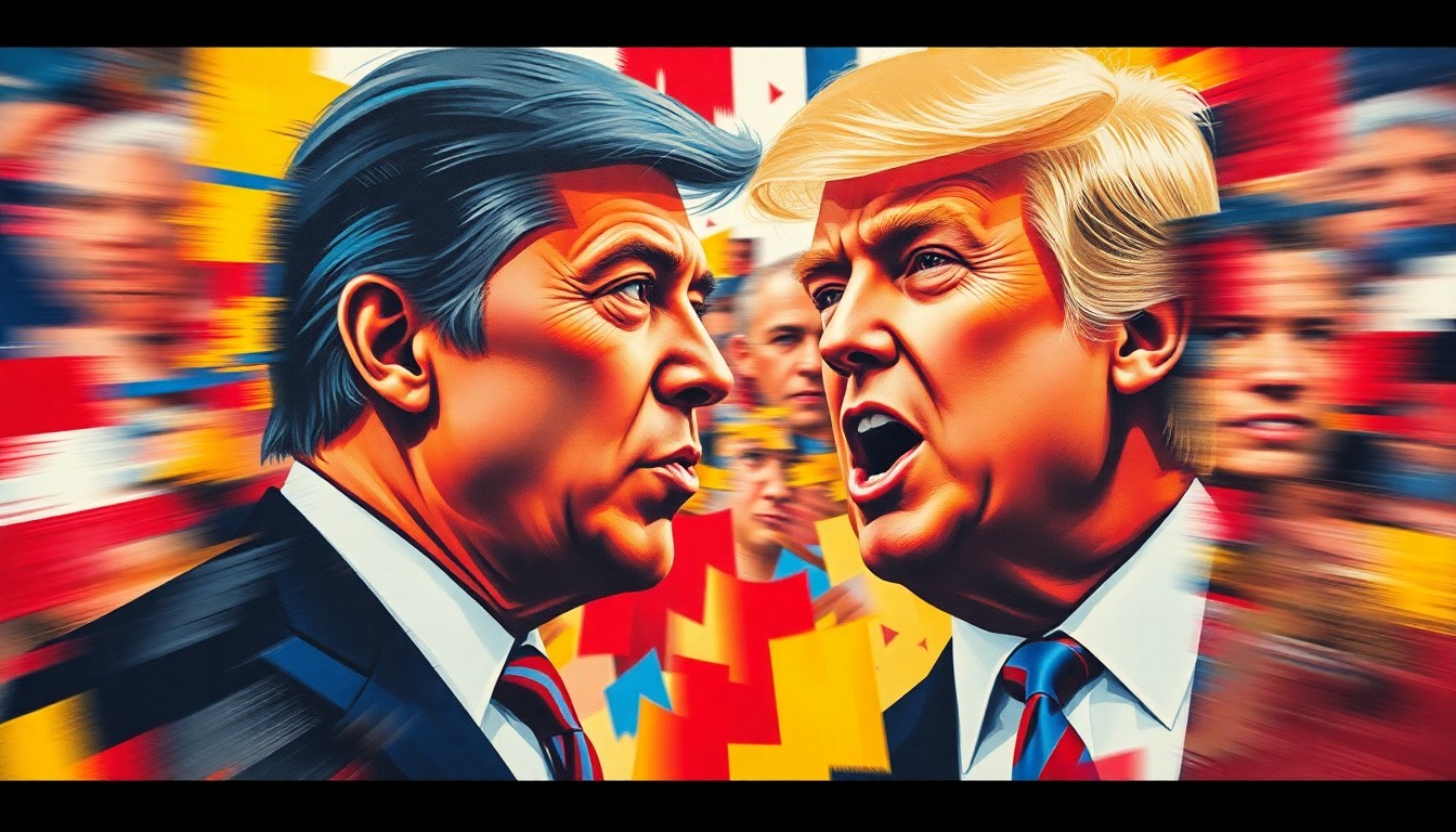 A vibrant, abstract painting depicting two political figures in a blurred, fragmented motion, representing the heated race and competition between the candidates.