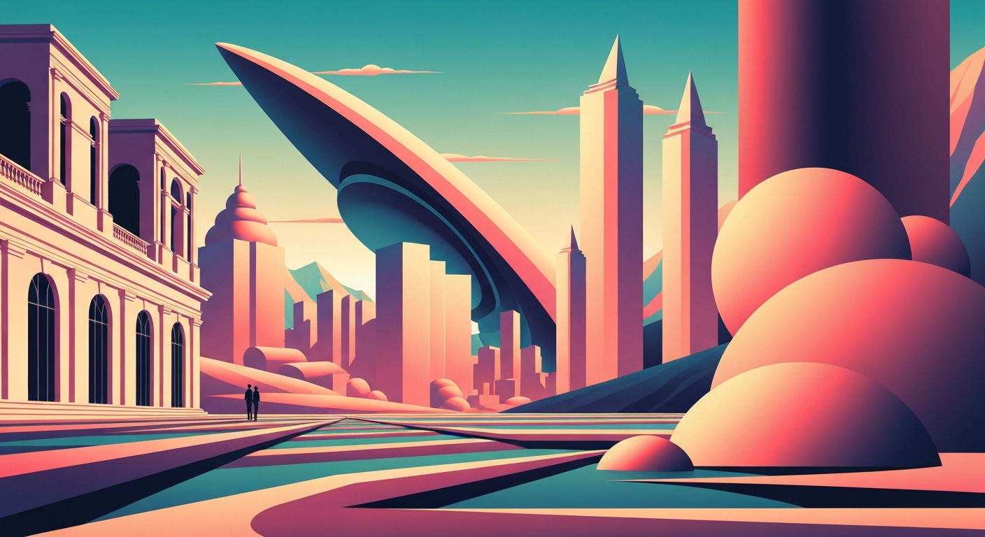 A bold, geometric illustration in the Art Deco style, featuring sweeping gradients and streamlined forms that evoke the romance and grandeur of travel, without any literal depictions of people, places, or text.