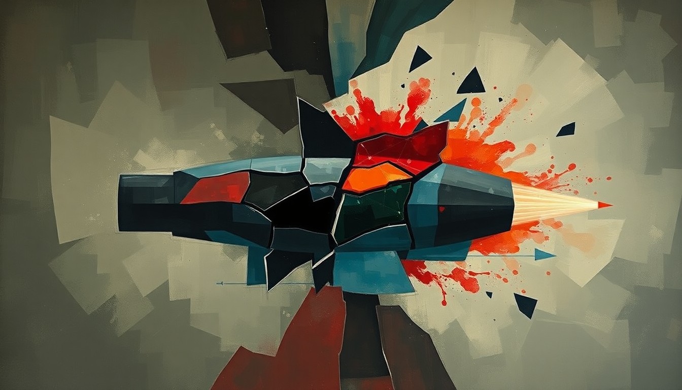 A dynamic, abstract painting featuring overlapping, geometric shapes and waves of dark colors, conceptually representing the instability and divisiveness surrounding the U.S. involvement in the Iran war.