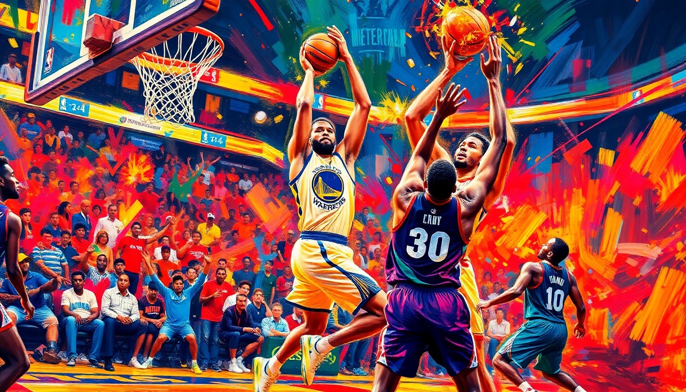 An abstract, energetic painting featuring bold brushstrokes in neon shades of blue, orange, and purple, capturing the intensity and drama of the Warriors' comeback victory over the Clippers.