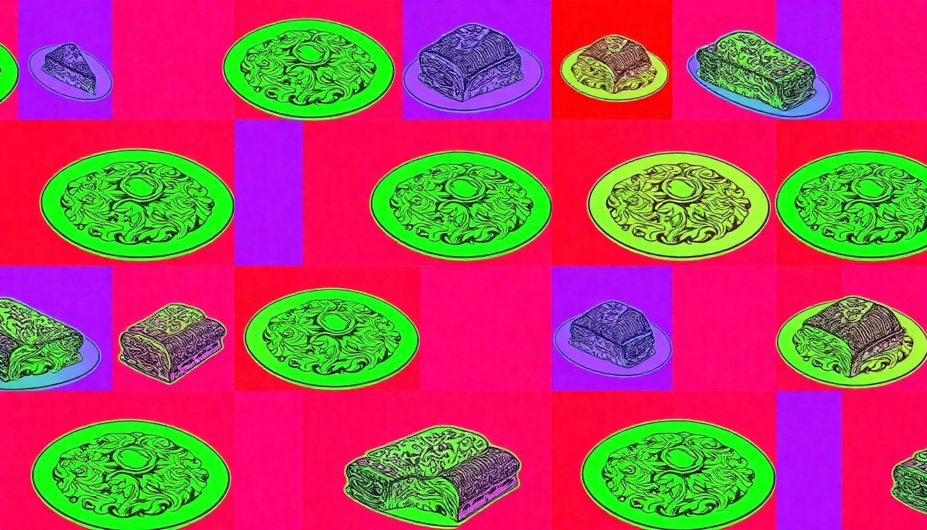 A vibrant, high-contrast silkscreen print featuring a repeated image of a single Italian food item, such as a plate of pasta or a cannoli, rendered in a bold, neon color palette that captures the celebratory spirit of Tufano's long history.