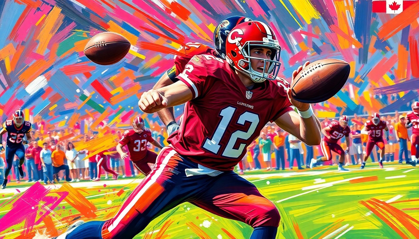 An abstract, energetic painting featuring bold, neon-colored brushstrokes that dynamically capture the powerful throwing motion and athletic movements of a college football quarterback.