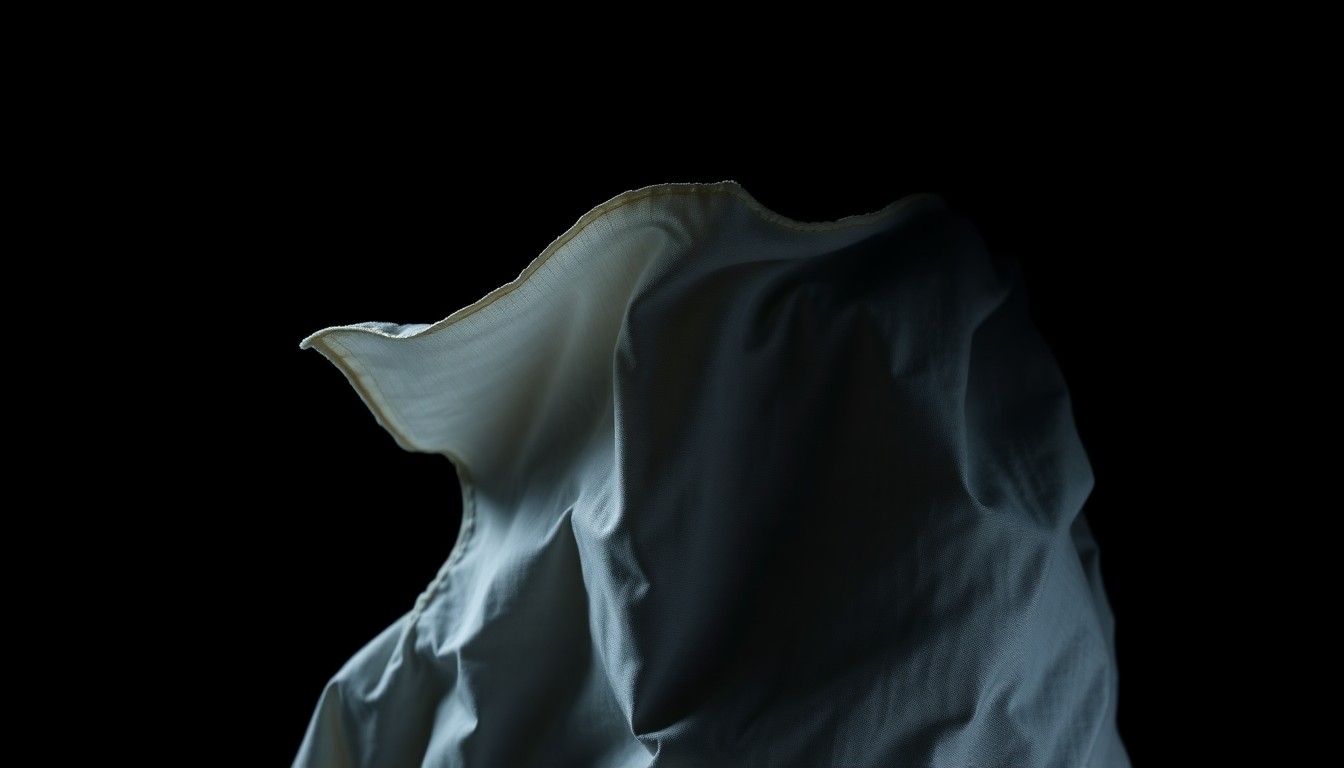 An extreme close-up photograph of a single clipping of bedsheet fabric, lit by a harsh, direct camera flash against a pitch-black background, conceptually illustrating the forensic investigation into the Nancy Guthrie abduction.