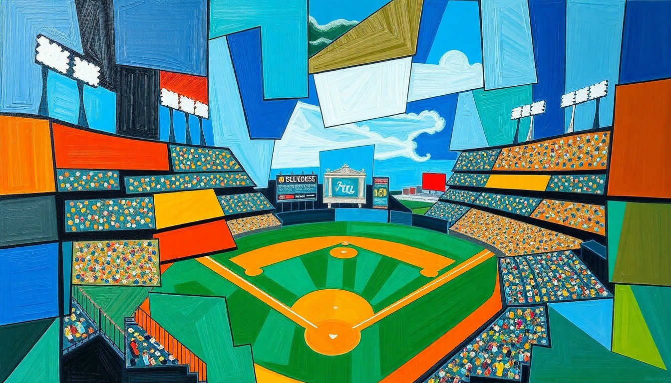 A fragmented, geometric painting depicting the dynamic action of a baseball game, with sharp planes of color and overlapping shapes representing the players, field, and crowd.