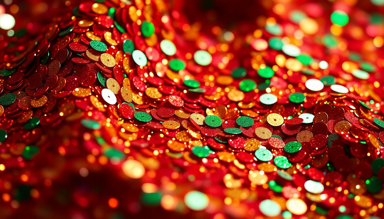 An extreme close-up photograph of shimmering holiday sequins in vibrant red, green, and gold, capturing the festive mood of a Christmas TV movie.