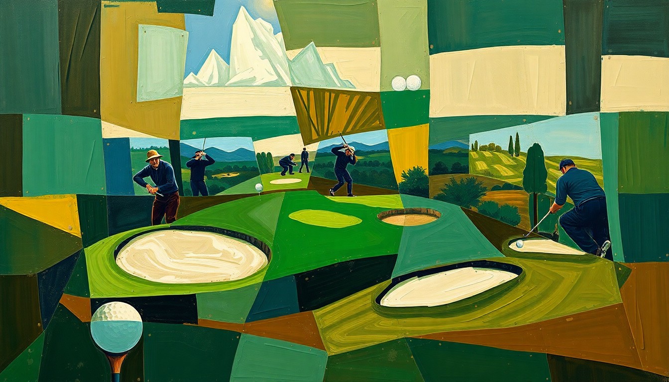 A cubist, geometric painting depicting a fragmented, multi-perspective view of a golf tournament, with sharp, overlapping planes in shades of green, brown, and blue, conceptually representing the disruption and uncertainty surrounding the LIV Golf tour.