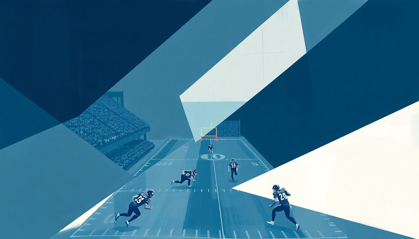 A cubist-style painting featuring sharp, overlapping geometric shapes in navy blue and gray, conceptually representing the action and energy of a Memphis Tigers football game.