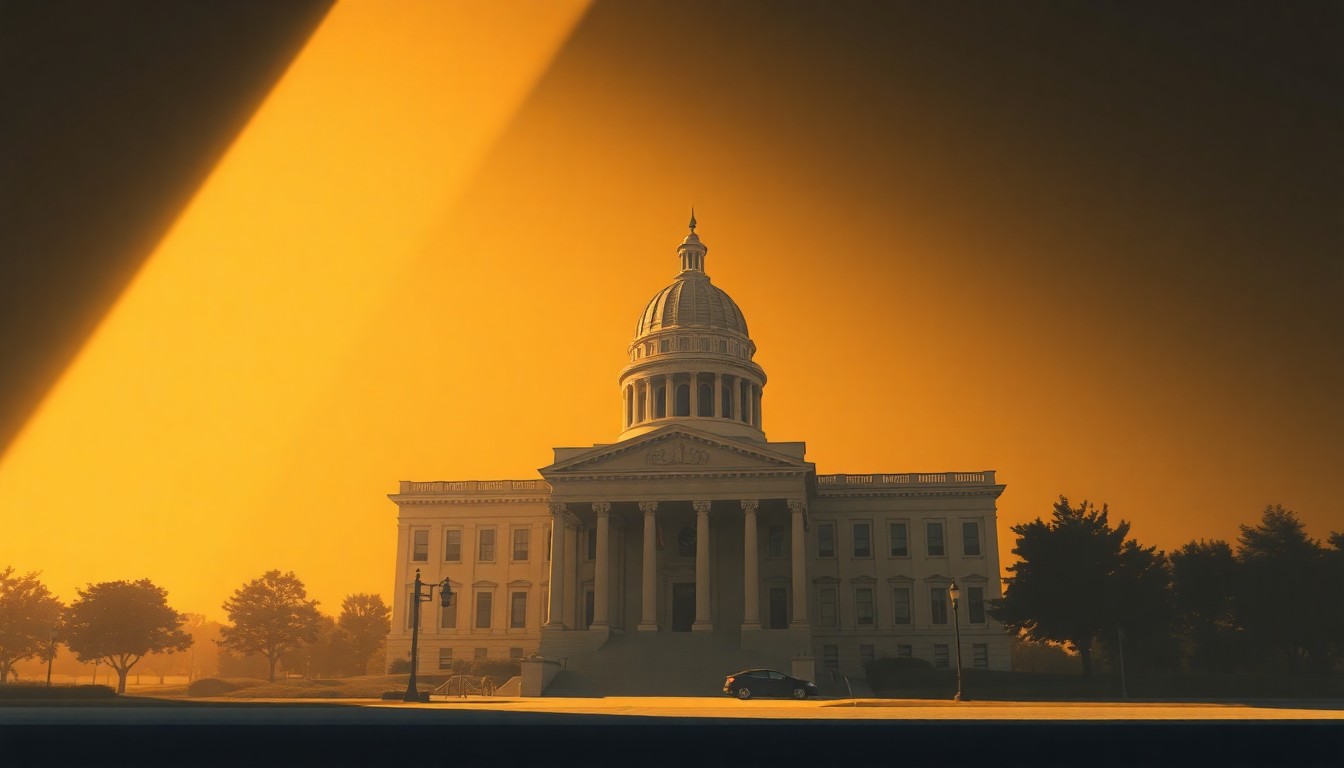 A serene, photorealistic painting of the California state capitol building in Sacramento, with the structure bathed in warm, golden light and surrounded by deep shadows, conveying a sense of quiet contemplation about the state's image and reputation.