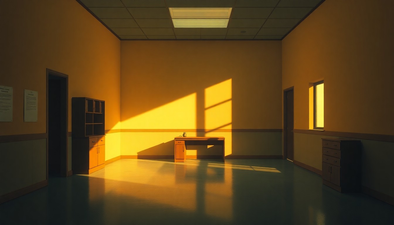 A dimly lit government office space with a lone desk and chair, the room bathed in warm, diagonal sunlight and deep shadows, conveying a sense of solitude and contemplation.