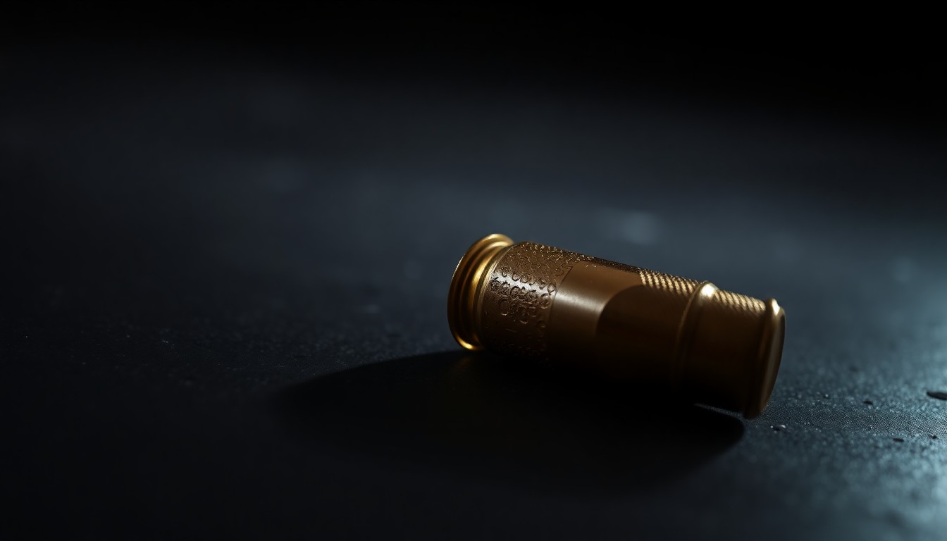 An extreme close-up photograph of a single spent shell casing on a dark surface, lit by a harsh, direct camera flash, conceptually representing the physical evidence from a violent crime.