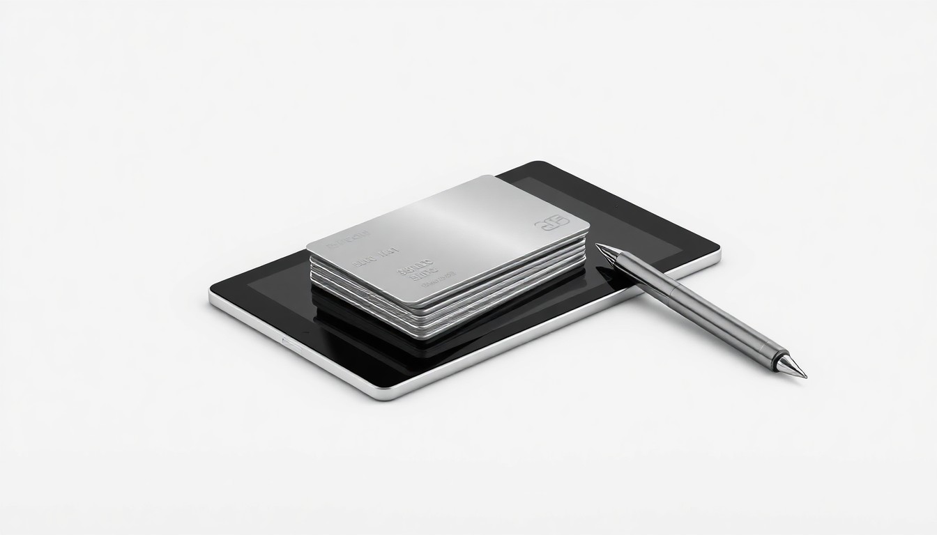 A minimalist studio still life photograph featuring a stack of metal banking cards, a sleek tablet device, and a modern pen arranged elegantly on a clean, monochromatic background, conceptually representing the digital tools and channels the new vice president will use to strengthen River Run Bancorp's brand and customer engagement.