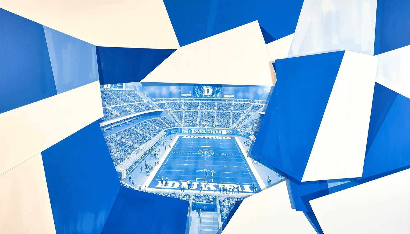 A cubist-style painting featuring overlapping geometric shapes and planes in Duke's blue and white colors, conceptually representing the strategic planning and vision behind the university's long-term investment in its football program.