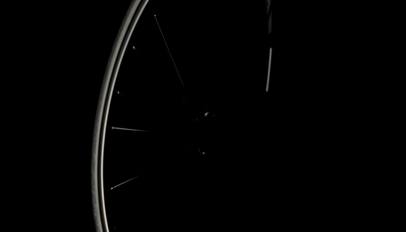 An extreme close-up photograph of a bicycle tire and pedal, lit by a harsh, direct camera flash against a pitch-black background, creating a stark, gritty, investigative aesthetic that conceptually represents the physical evidence from a dangerous driving incident.