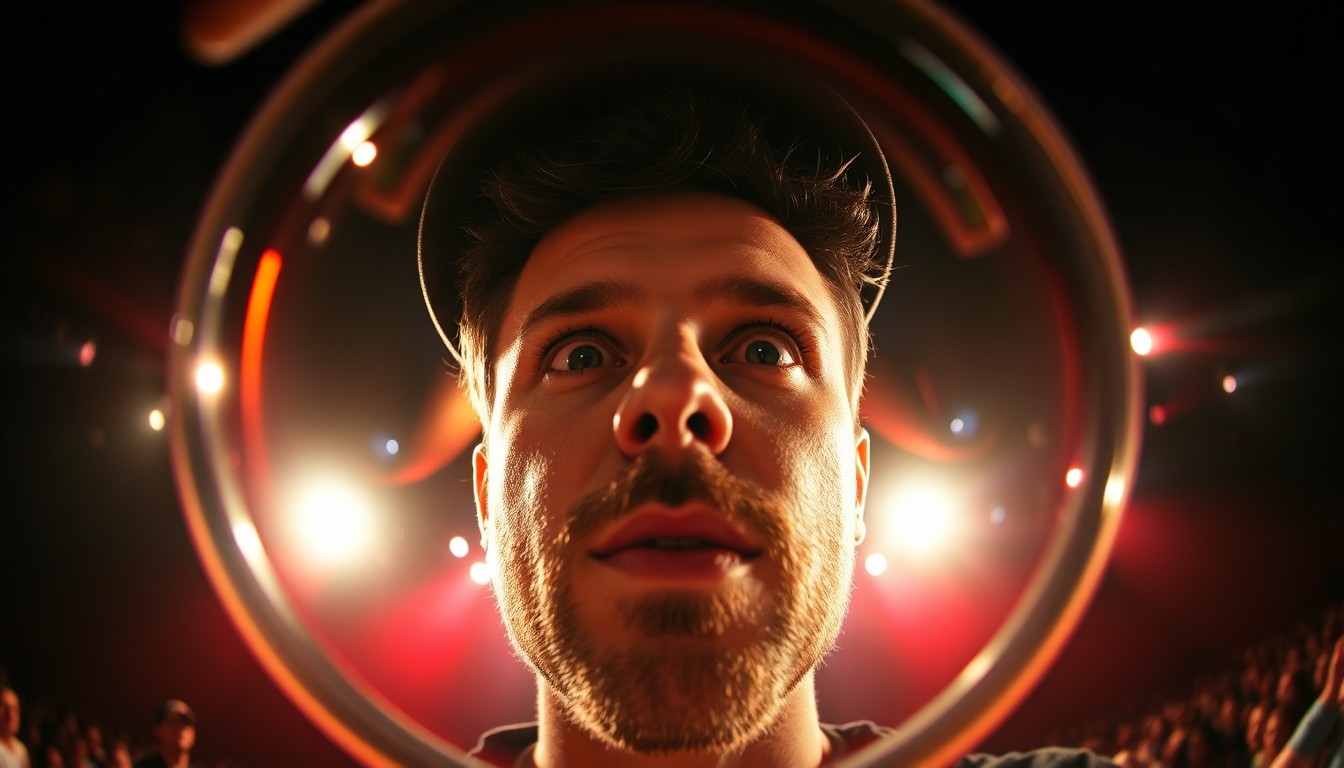 An abstract, high-contrast close-up photograph of a distorted, fisheye lens reflecting Zach Bryan's face, capturing the energy and excitement of a live concert performance.