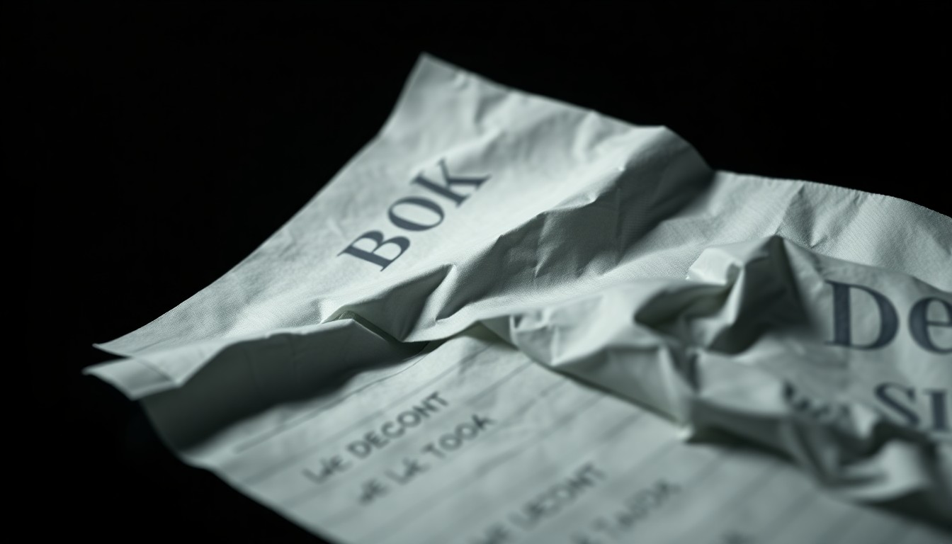 An extreme close-up photograph of a crumpled bank deposit slip, its edges and creases dramatically illuminated by a harsh camera flash against a pitch-black background, conceptually representing the aftermath of a bank robbery.