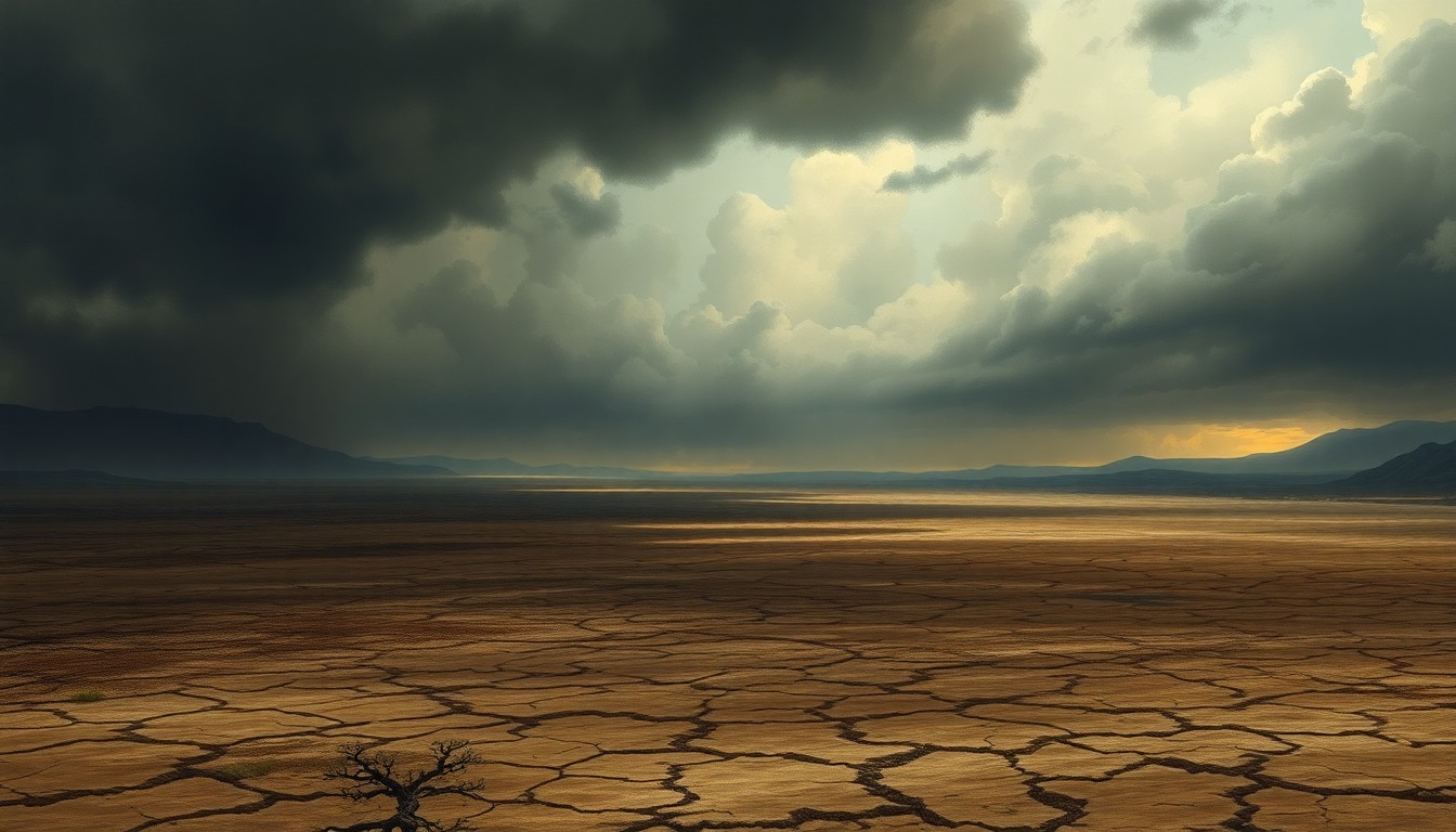 A sweeping, atmospheric landscape painting in muted earth tones and heavy, foreboding clouds, capturing the overwhelming scale and melancholy of an ongoing drought.