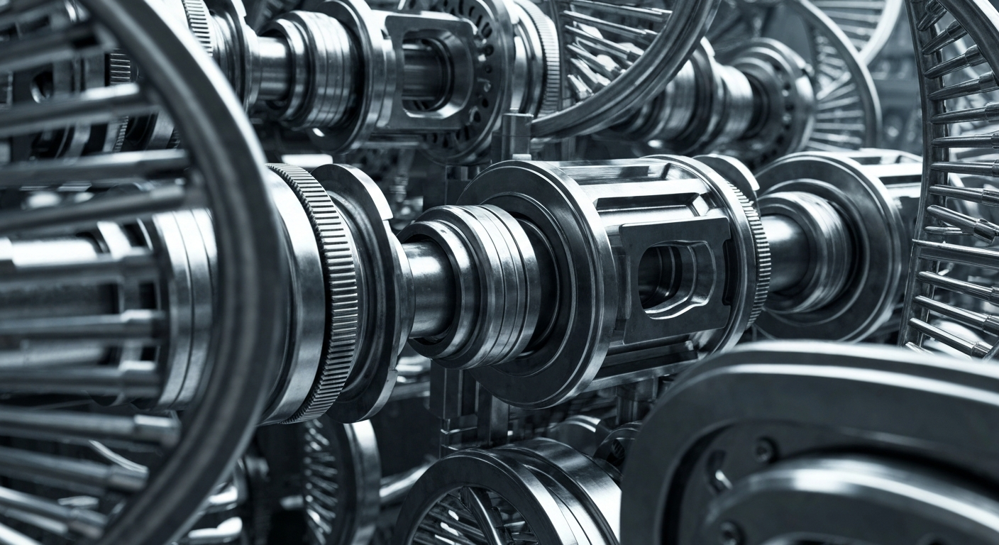 An extreme close-up of the intricate, metallic components of a DNA sequencing machine, conveying a sense of industrial power and scientific innovation.