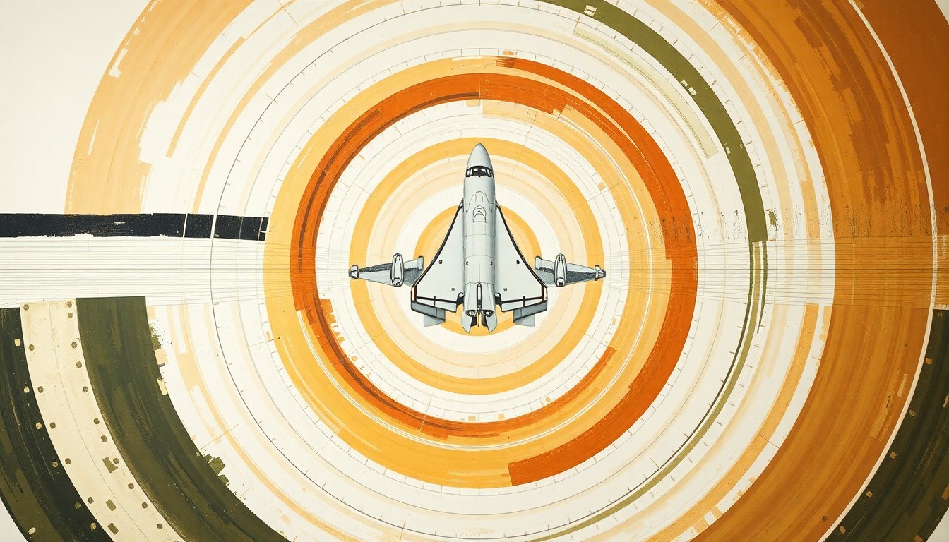 A bold, abstract painting featuring sweeping geometric arcs, concentric circles, and precise botanical spirals in earthy tones, conceptually representing the complex engineering and physical forces involved in vertically displaying an authentic space shuttle system.