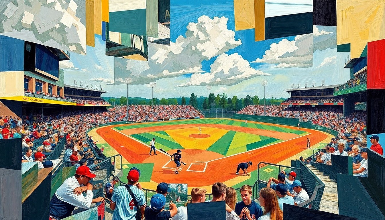 A cubist-style painting featuring sharp, overlapping geometric shapes and planes in various shades of blue, green, and orange, conceptually representing the disruption and confusion of an off-field incident involving a high school sports team.