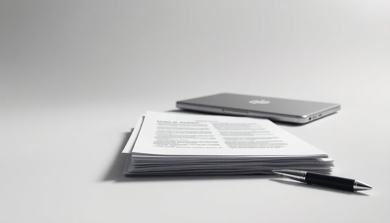 A high-end, photorealistic studio still-life photograph featuring a stack of business documents, a laptop, and a pen arranged elegantly on a clean, white background, conceptually representing First Advantage's corporate strategy and financial operations.
