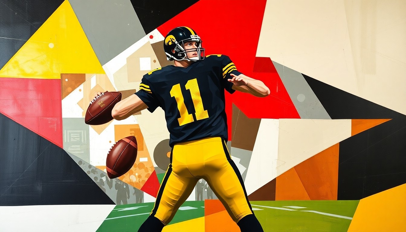 A fractured, cubist-style painting depicting an Iowa football quarterback dropping back to pass, with the player's form broken down into sharp, overlapping geometric shapes in the team's colors of black, gold, and crimson.