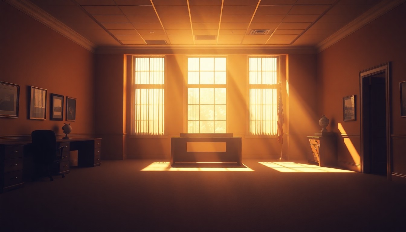 A quiet, cinematic painting of an empty government office space with warm, diagonal sunlight and deep shadows, conveying a sense of political disillusionment and the tension between public demands for accountability and the rule of law.