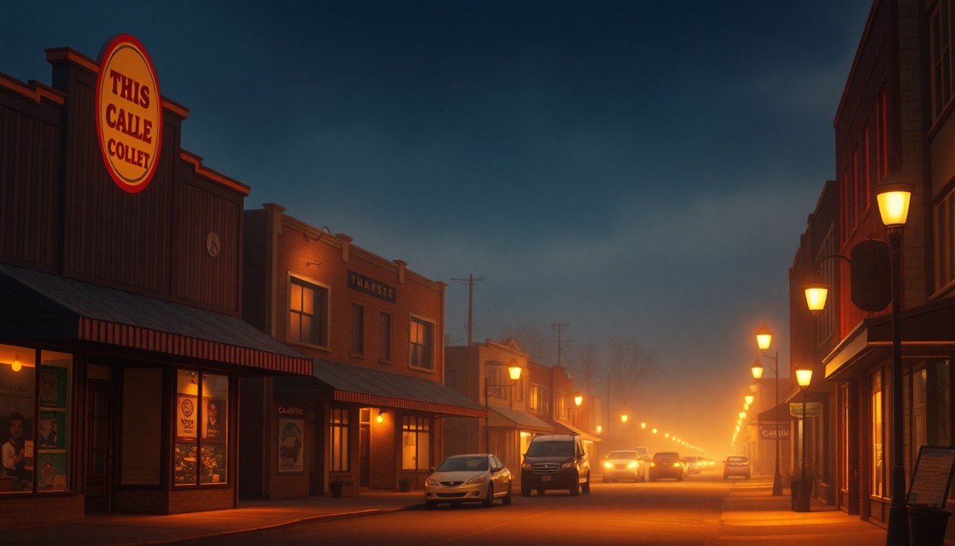 An extremely abstracted, out-of-focus photograph of a small-town main street at night, with warm pools of light from storefronts and streetlamps creating a nostalgic, comforting atmosphere.