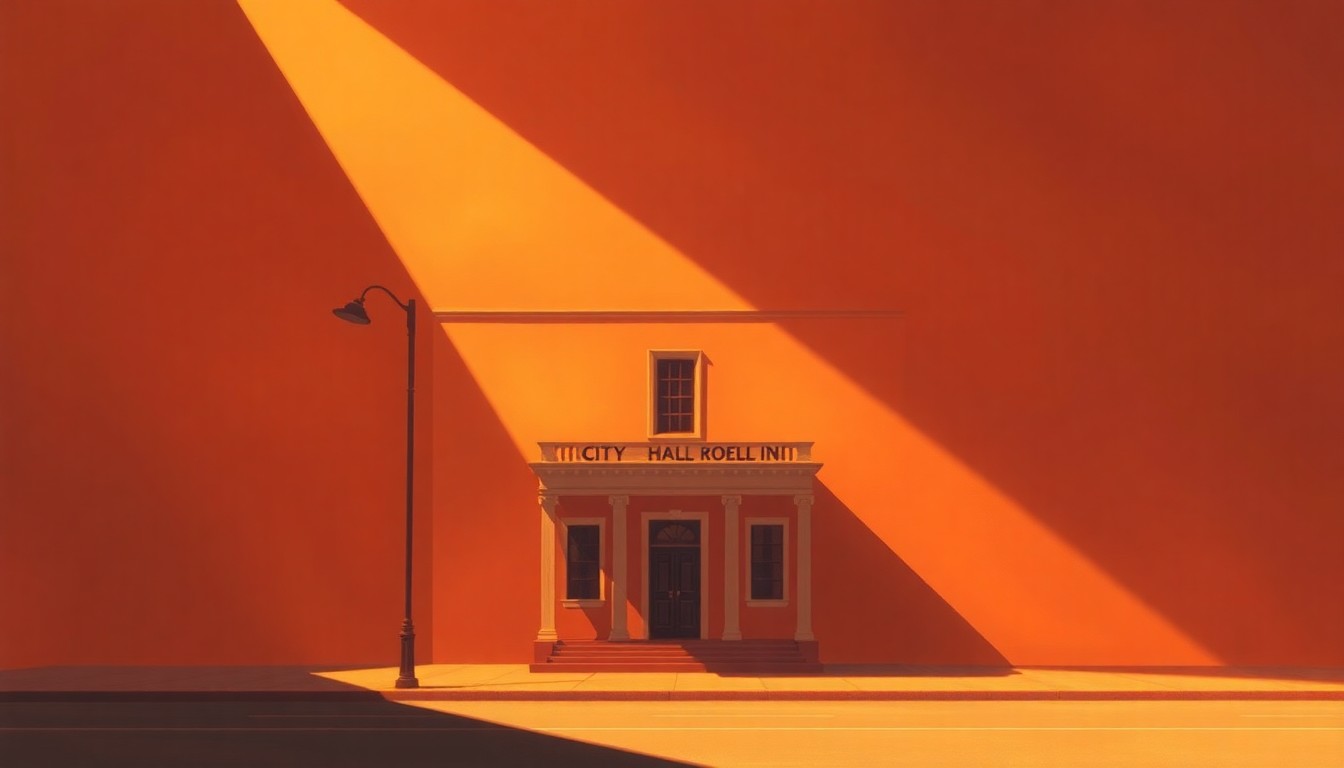 A serene, cinematic painting of a city hall building in warm, muted tones, with the structure bathed in soft, diagonal sunlight and deep shadows, conveying a sense of civic contemplation and political change.
