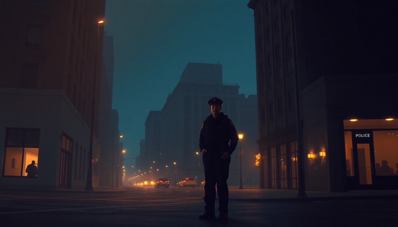 A moody, atmospheric painting of a lone police officer standing on a shadowy city street, the warm glow of sunlight casting long shadows across the pavement, capturing the complex tensions surrounding the reinstatement of a youth curfew.