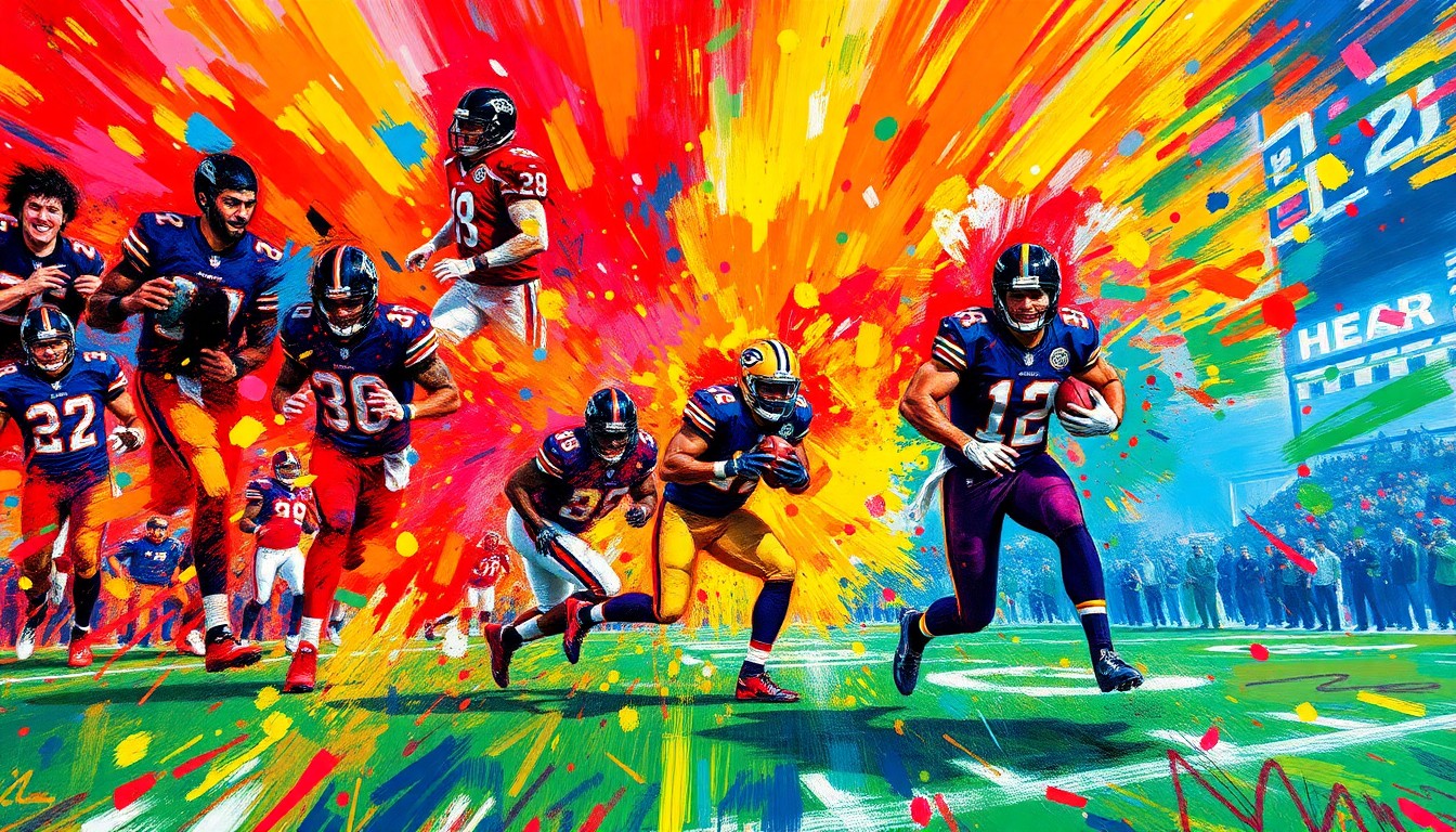 An abstract expressionist painting in neon colors, with rapid brushstrokes capturing the dynamic motion and energy of an NFL football game, the players' forms dissolving into vibrant splashes of paint.